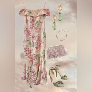 Xscape Blush and Green Floral Maxi Dress